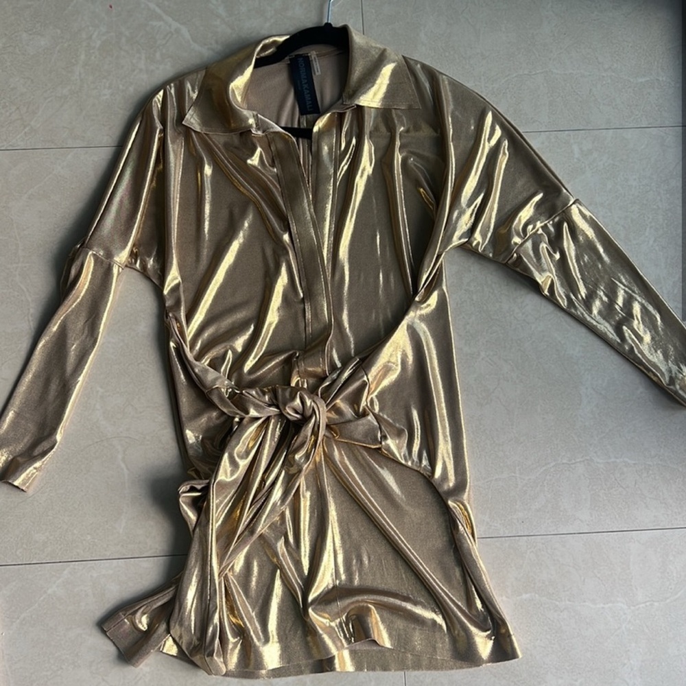 TY Front NK Shirt Mini Dress in Gold xxs - Picture 2 of 3